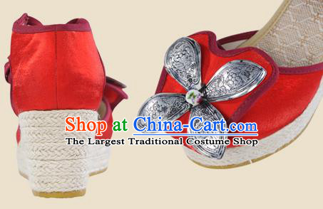 Chinese Yunnan Ethnic Silver Wedge Heel Sandal Summer Shoes National Red Cloth Shoes