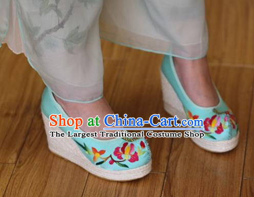 Chinese Yunnan Ethnic Blue Cloth Wedge Heel Shoes National Embroidered Shoes