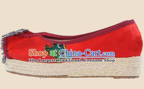 Chinese Yunnan Miao Ethnic Folk Dance Wedge Heel Shoes National Embroidered Red Cloth Shoes