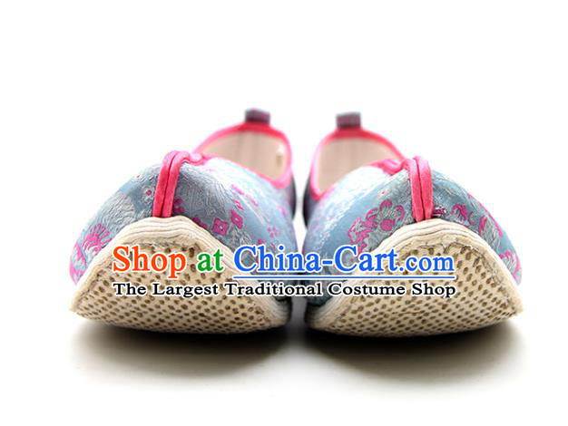 China Handmade Blue Brocade Shoes Ancient Ming Dynasty Princess Shoes Traditional Hanfu Shoes