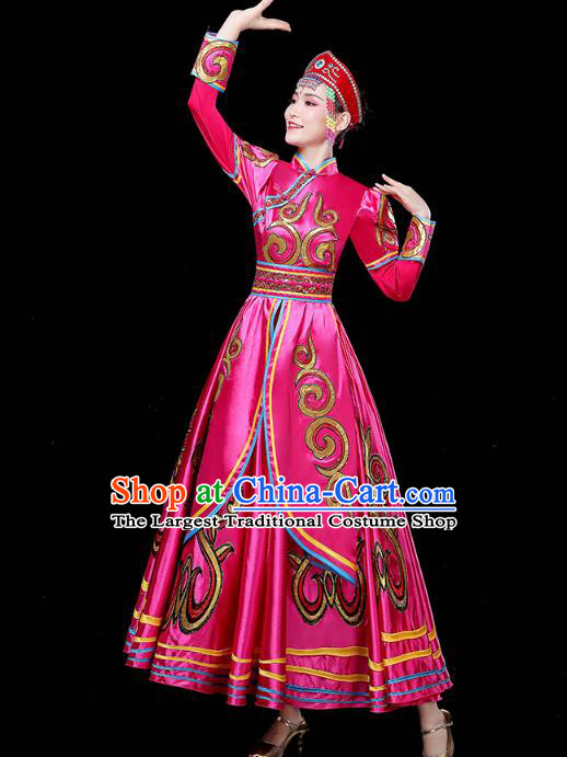 Chinese Traditional Mongolian Nationality Woman Costume Mongol Ethnic Folk Dance Rosy Dress