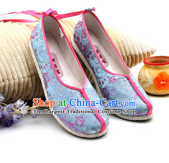 China Handmade Blue Brocade Shoes Ancient Ming Dynasty Princess Shoes Traditional Hanfu Shoes