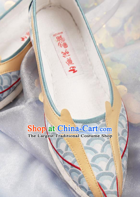 China Traditional Hanfu Shoes Handmade Light Blue Cloth Shoes National Dragon Horn Shoes