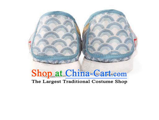 China Traditional Hanfu Shoes Handmade Light Blue Cloth Shoes National Dragon Horn Shoes