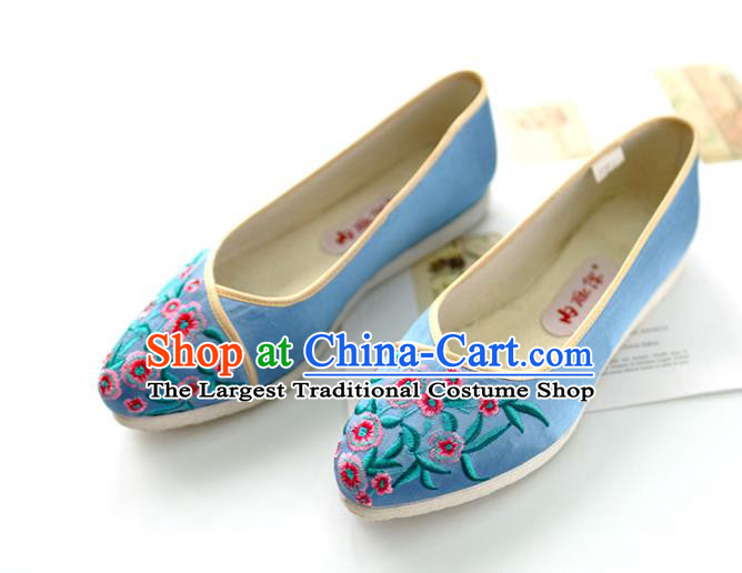 China Handmade Blue Cloth Shoes Embroidered Flowers Shoes Traditional Qing Dynasty Palace Lady Shoes