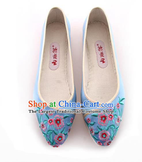 China Handmade Blue Cloth Shoes Embroidered Flowers Shoes Traditional Qing Dynasty Palace Lady Shoes