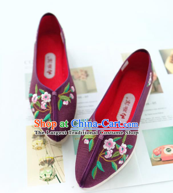China Traditional Folk Dance Shoes Handmade Purple Cloth Shoes Embroidered Flowers Shoes