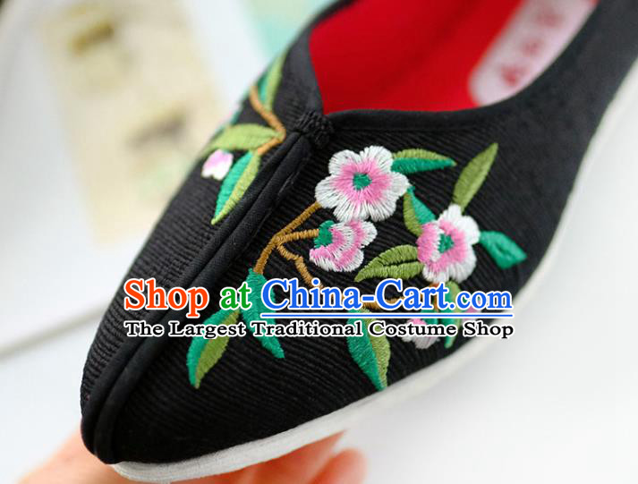 China National Embroidered Flowers Shoes Traditional Folk Dance Shoes Handmade Black Cloth Shoes
