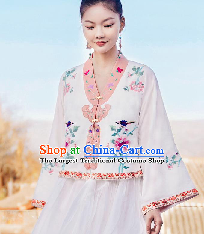 China Traditional Embroidered White Blouse National Tang Suit Upper Outer Garment Clothing