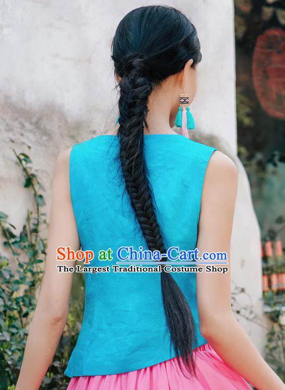China National Tang Suit Upper Outer Garment Clothing Traditional Embroidered Blue Vest