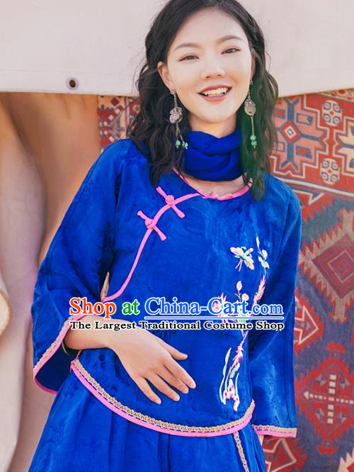China National Clothing Tang Suit Upper Outer Garment Traditional Embroidered Royalblue Blouse