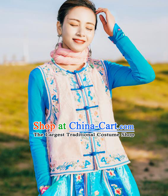 China Traditional Embroidered Pink Vest National Waistcoat Clothing Tang Suit Upper Outer Garment