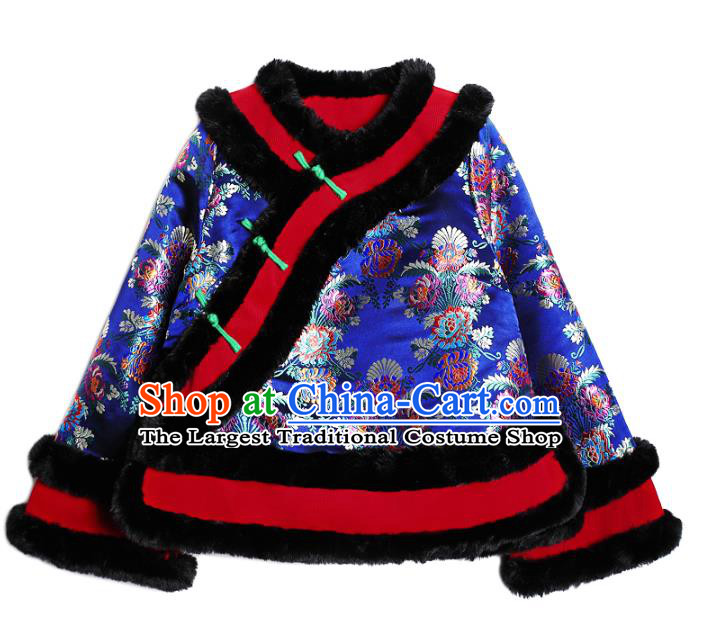 Chinese Traditional Woman Winter Outer Garment Costume Tang Suit Embroidered Royalblue Cotton Wadded Jacket