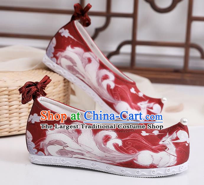 China Traditional Hanfu Shoes Handmade Ming Dynasty Princess Shoes Classical Nine Tail Fox Pattern Red Cloth Shoes
