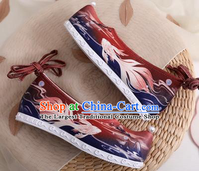 China Classical Goldfish Pattern Red Cloth Shoes Traditional Hanfu Shoes Handmade Ming Dynasty Princess Shoes