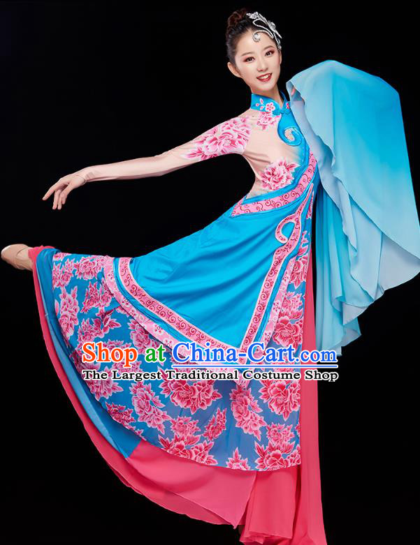 China Classical Dance Blue Dress Traditional Woman Solo Dance Costume Umbrella Dance Clothing