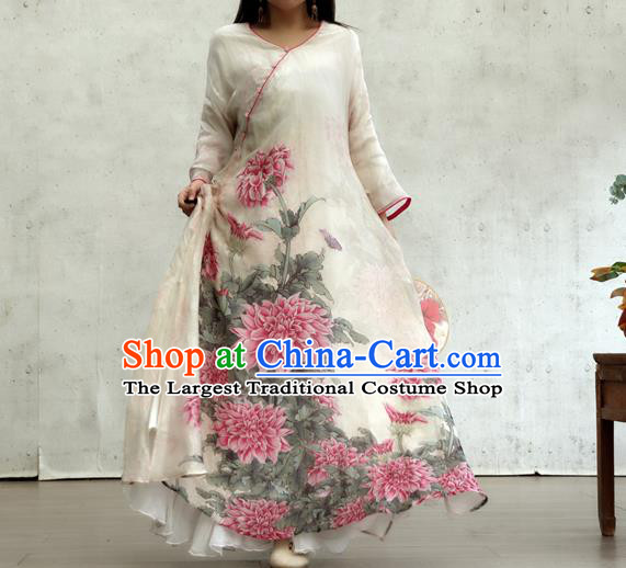 Chinese Printing Peony White Flax Qipao Dress Traditional National Woman Costume