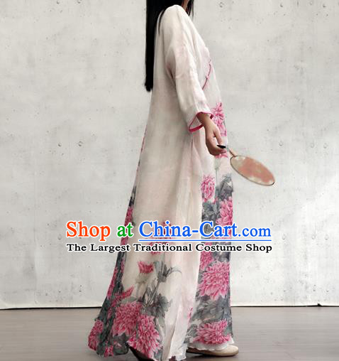 Chinese Printing Peony White Flax Qipao Dress Traditional National Woman Costume
