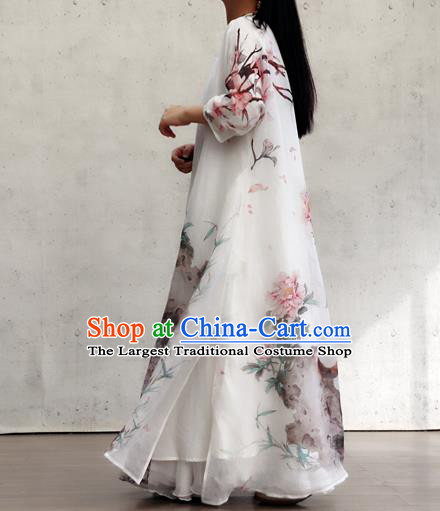 Chinese Traditional National Woman Costume Printing Peony Cat White Flax Qipao Dress