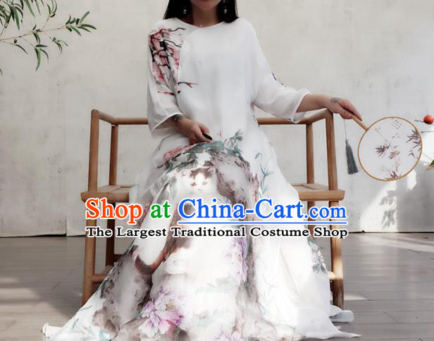 Chinese Traditional National Woman Costume Printing Peony Cat White Flax Qipao Dress