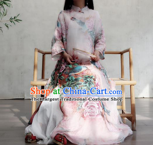 Chinese Traditional Stand Collar Flax Cheongsam National Woman Costume Printing Rose Lilac Qipao Dress