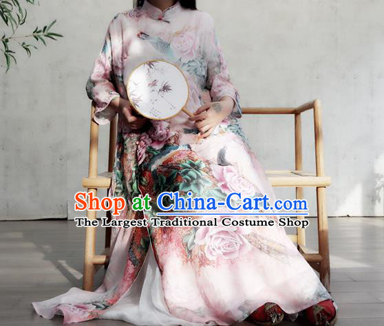 Chinese Traditional Stand Collar Flax Cheongsam National Woman Costume Printing Rose Lilac Qipao Dress