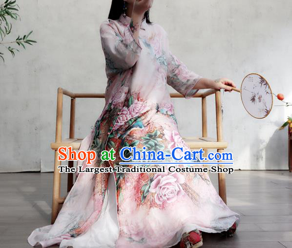 Chinese Traditional Stand Collar Flax Cheongsam National Woman Costume Printing Rose Lilac Qipao Dress