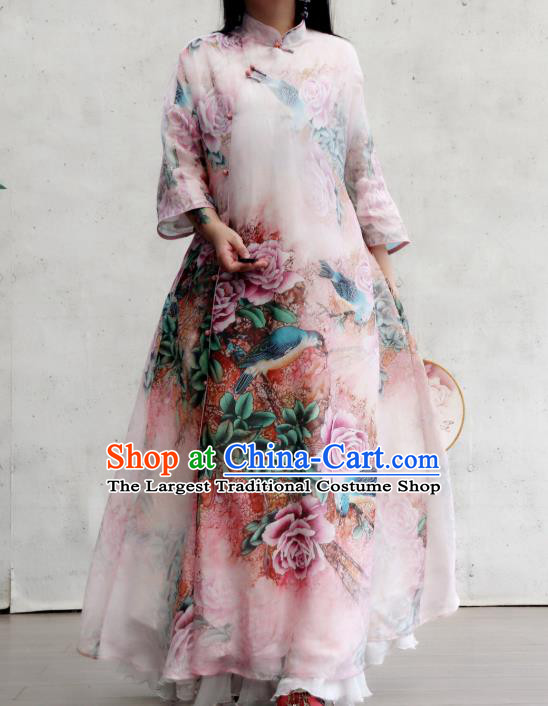 Chinese Traditional Stand Collar Flax Cheongsam National Woman Costume Printing Rose Lilac Qipao Dress