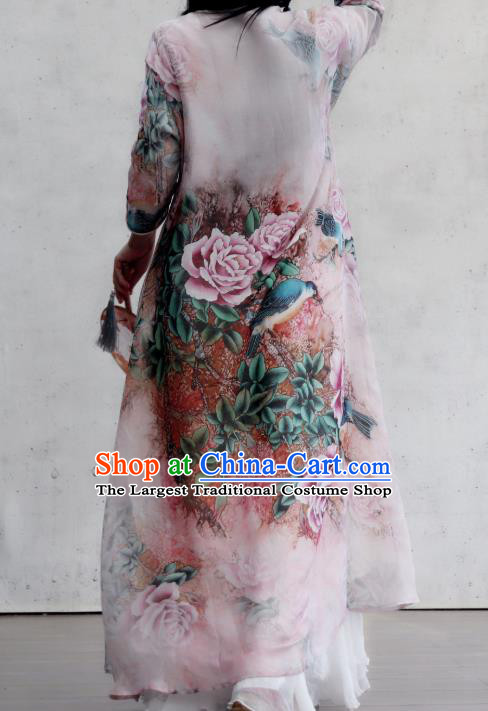 Chinese Traditional Stand Collar Flax Cheongsam National Woman Costume Printing Rose Lilac Qipao Dress