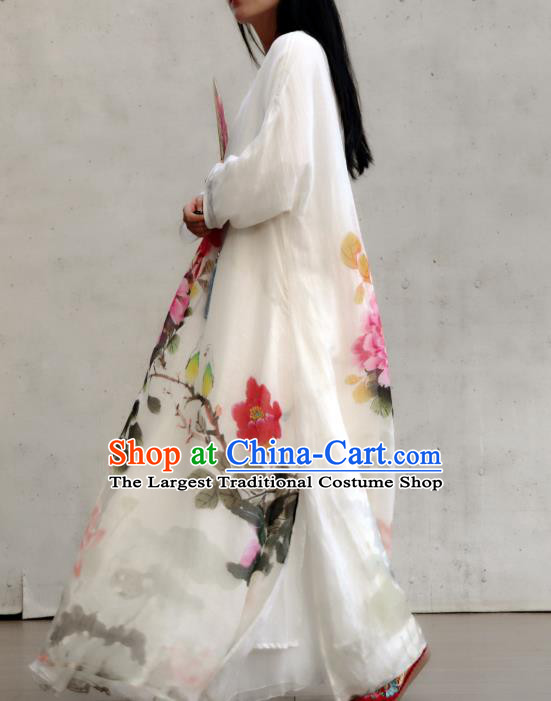 Chinese Slant Opening Cheongsam National Woman Costume Traditional Printing Peony Lotus White Qipao Dress