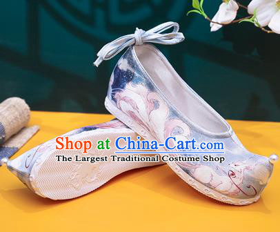 China Handmade Ancinet Princess Shoes Classical Nine Tail Fox Pattern Blue Cloth Shoes Traditional Ming Dynasty Hanfu Shoes