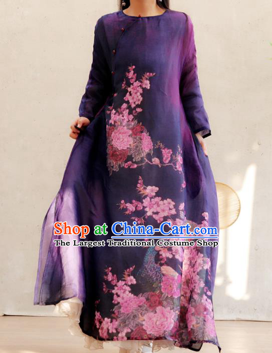 Chinese Traditional Slant Opening Qipao Dress National Printing Peacock Peony Purple Cheongsam Woman Costume