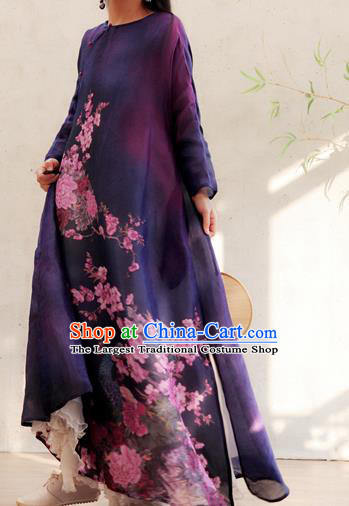 Chinese Traditional Slant Opening Qipao Dress National Printing Peacock Peony Purple Cheongsam Woman Costume
