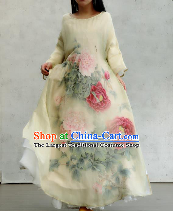 Chinese National Printing Peony Light Yellow Cheongsam Traditional Woman Costume Slant Opening Qipao Dress
