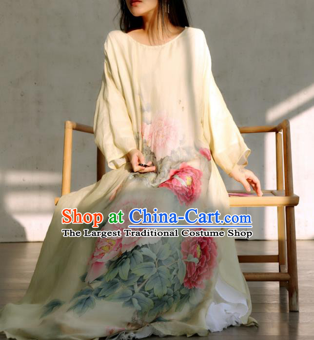 Chinese National Printing Peony Light Yellow Cheongsam Traditional Woman Costume Slant Opening Qipao Dress