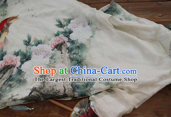 Chinese Slant Opening Qipao Dress National Printing Peony White Cheongsam Traditional Woman Costume