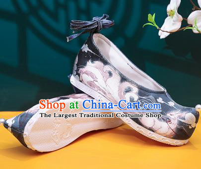 China Traditional Ming Dynasty Hanfu Shoes Handmade Ancinet Princess Shoes Classical Nine Tail Fox Pattern Black Cloth Shoes