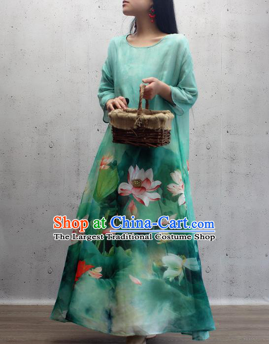 Chinese Traditional Qipao Dress Woman Costume National Printing Lotus Green Cheongsam
