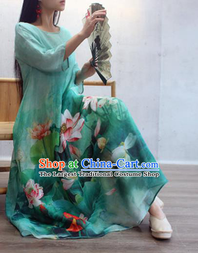 Chinese Traditional Qipao Dress Woman Costume National Printing Lotus Green Cheongsam