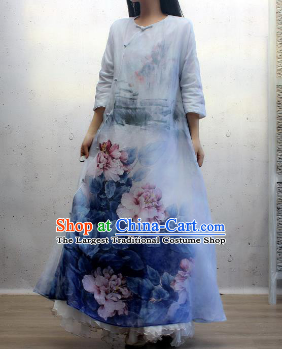 Chinese Traditional Printing Peony Blue Qipao Dress Woman Costume National Slant Opening Cheongsam