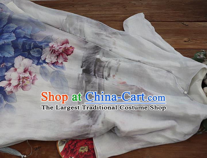 Chinese Traditional Printing Peony Blue Qipao Dress Woman Costume National Slant Opening Cheongsam
