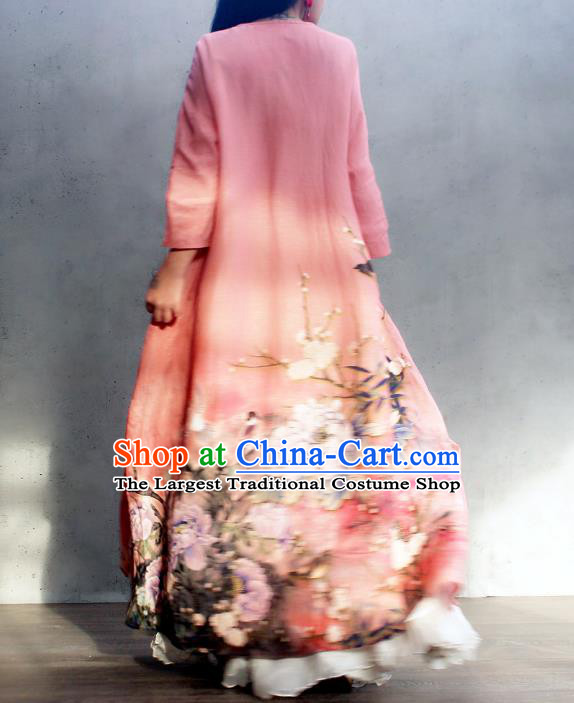 Chinese Traditional Slant Opening Qipao Dress Woman Costume National Printing Peony Pink Cheongsam