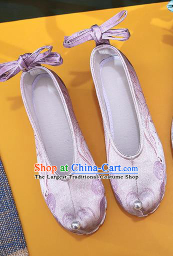 China Traditional Printing Pink Satin Shoes Ming Dynasty Hanfu Shoes Handmade Ancinet Princess Shoes