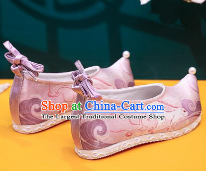 China Traditional Printing Pink Satin Shoes Ming Dynasty Hanfu Shoes Handmade Ancinet Princess Shoes
