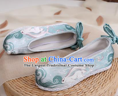 China Traditional Hanfu Bow Shoes Printing Green Satin Shoes Handmade Ancinet Ming Dynasty Princess Shoes