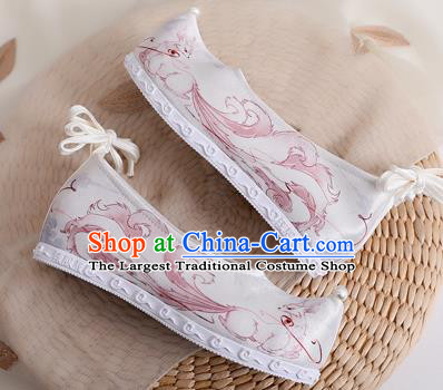 China Handmade Ancinet Ming Dynasty Princess Shoes Traditional Hanfu Bow Shoes Printing Nine Tails Fox White Satin Shoes