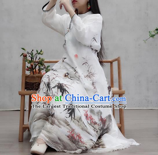 Chinese Traditional White Qipao Dress Woman Costume National Tang Suit Ink Painting Bamboo Cheongsam