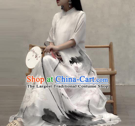 Chinese Traditional White Stand Collar Qipao Dress Woman Costume National Tang Suit Ink Painting Lotus Cheongsam