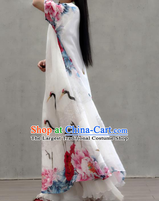 Chinese Traditional Tang Suit White Qipao Dress Woman Costume National Printing Crane Peony Cheongsam