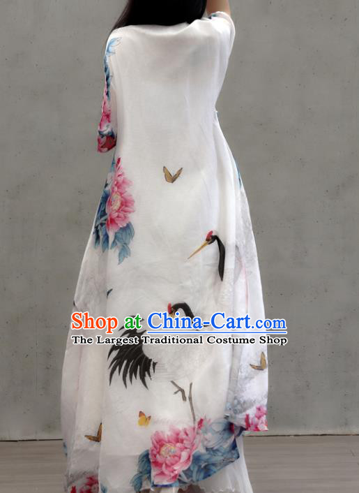 Chinese Traditional Tang Suit White Qipao Dress Woman Costume National Printing Crane Peony Cheongsam